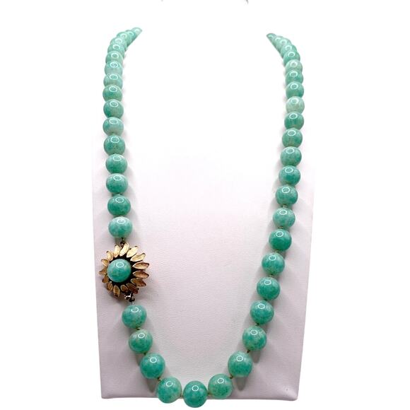 Vintage Green Pekin Glass Beads Chinese Necklace 22” with Flower Clasp - Picture 2 of 8